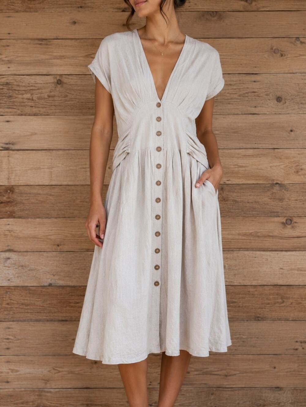 Dress Forum Beige Linen-Blend Corset Waisted Cottage Core Milkmaid Work - Picture 13 of 13